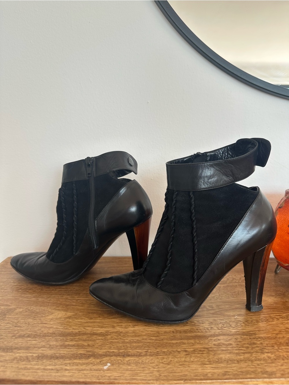 Black Pointed Leather & Suede Ankle Booties with Ankle Strap